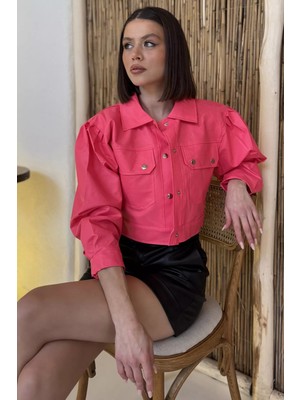 Gülseli Kadın Çift Cepli Çıtçıtlı Crop Top Suni Deri Ceket