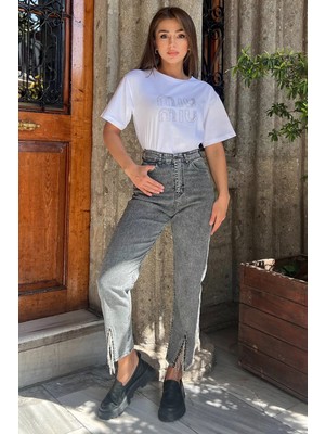 Gülseli Paça Yırtmaçlı Likralı Kadın Jean Kot Pantolon