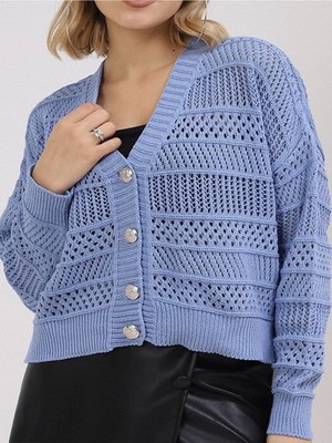 Kadın Mavi Yazlık Delikli Düğmeli Hırka