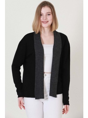 Vegenze Kadın Siyah Antrasit Gri Iki Renk Desenli Kısa Triko Hırka