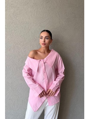 Qimya Butik Miss Neşem Kadın Düşük Büyük Yaka Detaylı Eteği Asimetrik Oversize Kesim Pamuk Gömlek