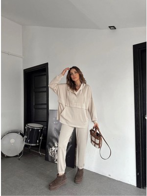 Qimya Butik Kadın Kapşonlu Cepli Modall Dokulu Ikili Takım
