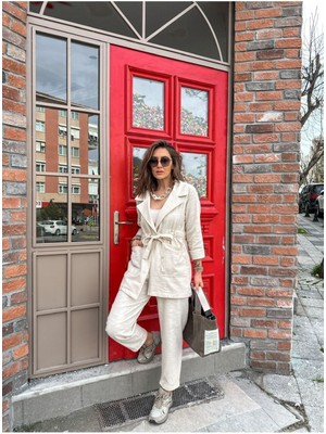 Qimya Butik Kadın Dar Paça Pantolon Beli Bağlamalı Ceketli Keten Takım