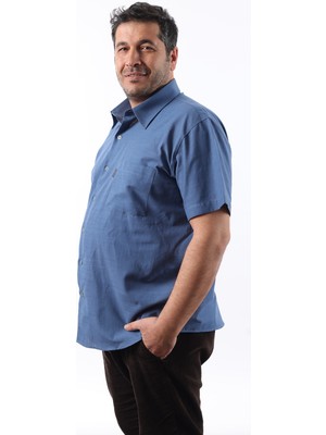 Tousus Kısa Kol İndigo Keten Erkek Gömlek KK-8047-TSS