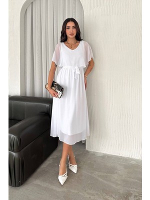 Neşeli Butik Kadın Kuşaklı Midi Boy Şifon Elbise NBK4116
