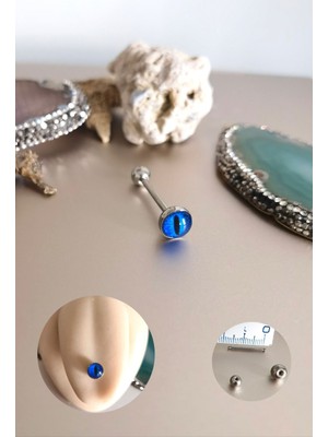 %100 316 L Cerrahi(Medikal) Çelik Kedi Gözü Dil / Tongue Piercing- Bar Uzunluğu 16 mm - 1 Adet