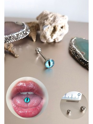 %100 316 L Cerrahi(Medikal) Çelik Kedi Gözü Dil / Tongue Piercing- Bar Uzunluğu 16 mm - 1 Adet