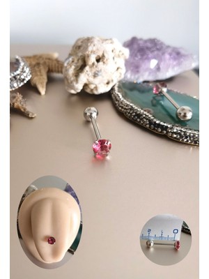 %100 316 L Cerrahi(Medikal) Çelik Pembe Zirkon Taşlı Dil Piercingi - Bar Uzunluğu 16 mm - 1 Adet