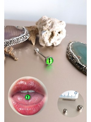 %100 316 L Cerrahi(Medikal) Çelik Kedi Gözü Dil / Tongue Piercing- Bar Uzunluğu 16 mm - 1 Adet