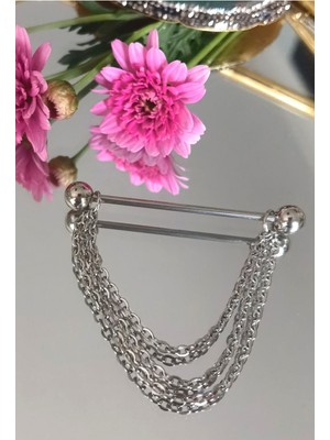 Bylin 316 L Cerrahi Çelik Zincirli Industrial Piercing Köprü Piercing Silver Renk/ Bar Uzunluğu 38mm- 1 Adet