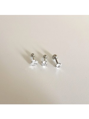 %100 316 L Cerrahi Çelik Zirkon Taşlı Piercing Set 3'lü - 3 Adet - Bar Uzunluğu 6 mm