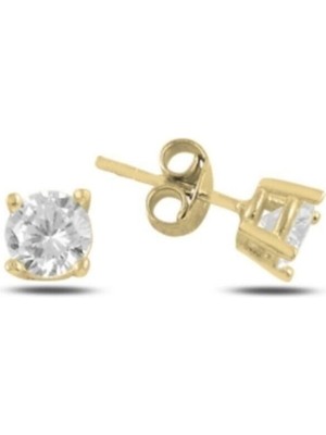 Bylin 925 Ayar Gümüş Gold Tek Taş Küpe-Taş çapı 6mm/ 1 Çift