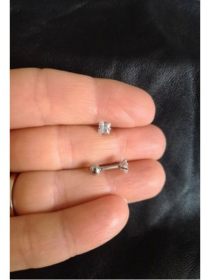 %100 316 L Cerrahi Çelik Kare Tek Taş Piercing- Bar Uzunluğu 6 Mm-Taş Çapı 4 Mm-1 Adet