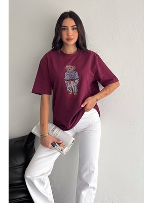 Taş Işlemeli Ayıcıklı T-Shirt Oversize %100 Pamuk Penye 405