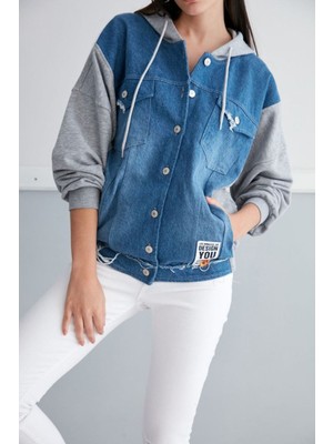 Qimya Butik Oreo Kadın Sırtı Baskılı Penye Önü Jean Kumaş Düğmeli Kapüşonlu Sweatshirt
