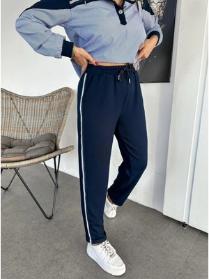 Qimya Butik Kadın Yanı Şeritli Ince Duble Paça Premium Kalite Örme Penye Pantolon