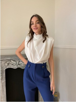 Qimya Butik Magarde Kadın Degaje Yaka Vatkalı Basic Bluz