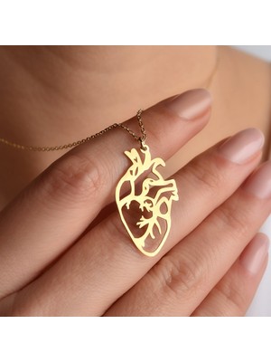 Nox Jewelry 14 Ayar Altın Mikron Kaplama Anatomik Kalp Gümüş Kolye – Minimal Medikal Tasarım- CN00432