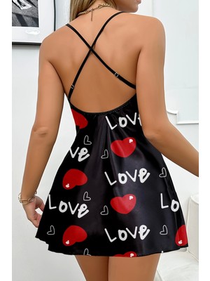 D'Lingerie Aşk Temalı Kalp Desenli Siyah Saten Gecelik