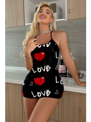 D'Lingerie Aşk Temalı Kalp Desenli Siyah Saten Gecelik