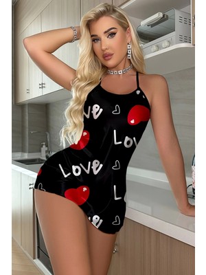 D'Lingerie Aşk Temalı Kalp Desenli Siyah Saten Gecelik