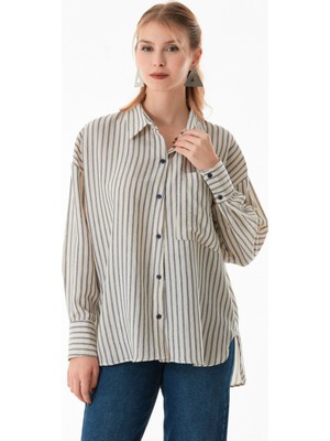 Çizgili Arkası Uzun Oversize Keten Gömlek