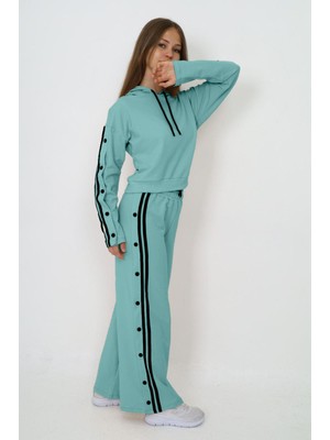 Kız Çocuk %100 Pamuk Kapüşonlu Uzun Kol Oversize Mint Eşofman TAKIMI-AÜT-0024