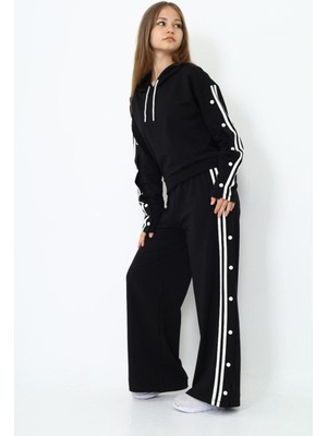 Kız Çocuk %100 Pamuk Kapüşonlu Uzun Kol Oversize Siyah Eşofman TAKIMI-AÜT-0024