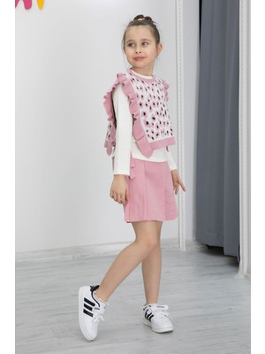 Cansın Mini Pembe Leopar Desenli Süveterli Şort Etekli Kız Çocuk Badili 3lü Takım 20499