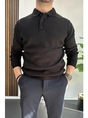 Erkek Düğmeli Polo Yaka Kazak Siyah EDW231