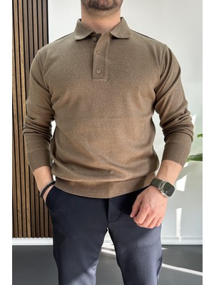 Erkek Düğmeli Polo Yaka Kazak Kahverengi EDW231