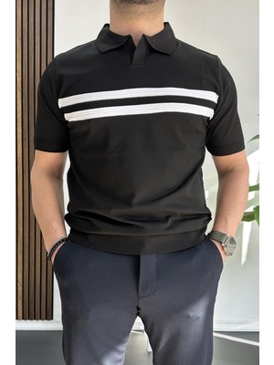 Edwox Erkek Açık Yaka Çizgli Tişört Beyaz EDW236