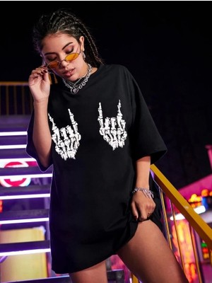Defy Moda Baskılı Oversize T-Shirt - Siyah