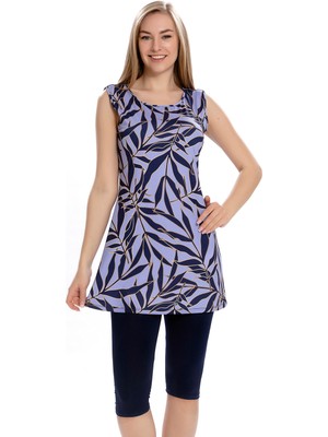 REMSA Yarı Kapalı Mayo Sıfır Kol Taytlı Lila Dokuma Kumaş Desenli Kadın 46 Beden