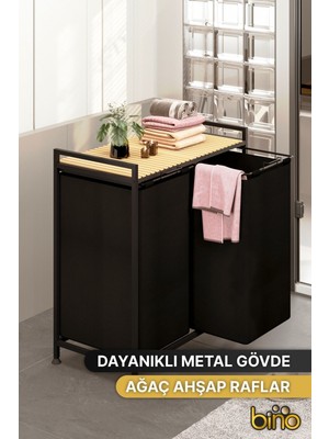 Bino Çamaşır Sepeti Kirli Sepeti Ahşap Banyo Dolabı Büyük Boy Geniş 2 Bölmeli Kumaş Kirli Sepeti