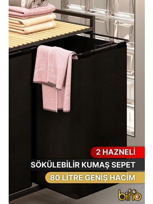 Bino Çamaşır Sepeti Kirli Sepeti Ahşap Banyo Dolabı Büyük Boy Geniş 2 Bölmeli Kumaş Kirli Sepeti