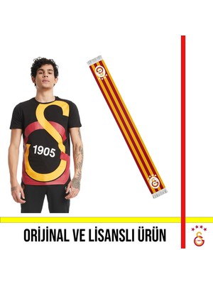 Galatasaray Lisanslı Siyah Büyük Logolu T-Shirt ve Çubuklu Atkı