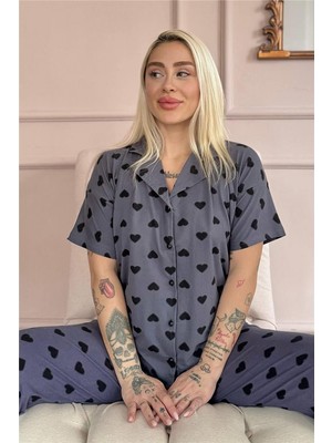 Pijama Evi Füme Berry Love Desenli Bambu Önden Düğmeli Kısa Kol Pijama Takımı