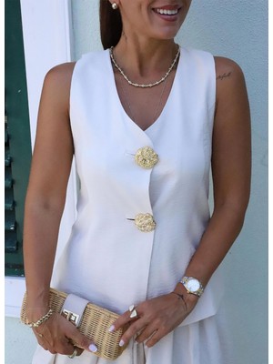 Krem Büyük Gold Düğme Detay Yelek