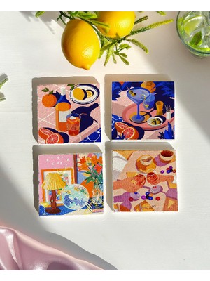 Retro Desenli Doğal Taş Bardak Altlığı Seti, Renkli ve Dekoratif, 4’lü