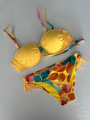 Kadın Sarı Taş Işlemeli Astarlı Bikini Takım HZL25S-LC207