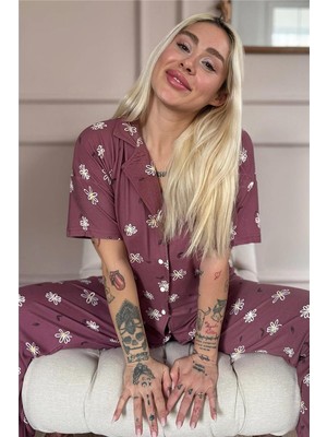 Pijama Evi Pudra Soft Daisy Desenli Bambu Önden Düğmeli Kısa Kol Pijama Takımı