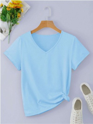 Mercoledi Kadın V Yaka Baskılı & Düz Beyaz Oversize T-Shirt Salaş Boyfirend