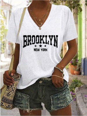 Mercoledi Kadın Salaş V Yaka Kısa Kol T-Shirt M Beden Örme Kumaş Baskılı Günlük Kullanım İçin