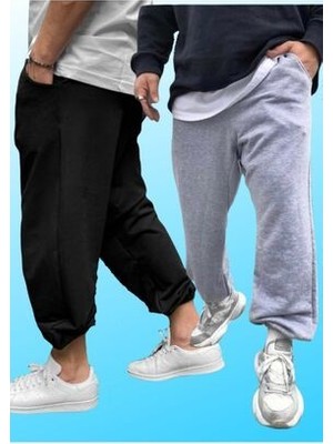 Gri Siyah 2li Oversize Eşofman Gri Eşofman Eşofman Paçası Lastikli Eşofman Geniş Beden Gri Eşofman