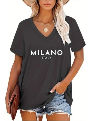 Mercoledi Kadın V Yaka  Baskılı Beyaz Oversize T-Shirt Salaş