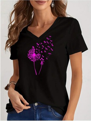 Mercoledi Kadın Oversize V Yaka T-Shirt Kısa Kol Örme Kumaş Baskılı Siyah