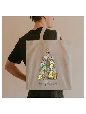 Bez Çanta Dünyası Mutlu Yıllar Kedili Bez Çanta Kadınlar İçin Bej Tekstil Malzeme ile Günlük Kullanım ve Düz Desen