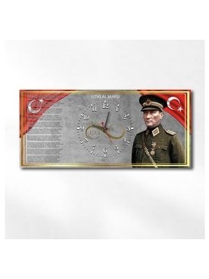 Istiklal Marşı ve Atatürk Yatay Ortadan Saatli Vatan Temalı Cam Tablo 033