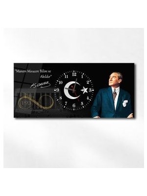 Atatürk Manevi Mirasım Bilim ve Akıldır Yatay Ortadan Saatli Vatan Temalı Cam Tablo 022